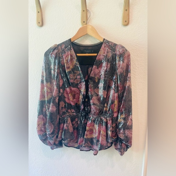 Ted Baker Juudie Black/Purple Floral Sequin Bishop Sleeve Tie Front Top Size 0 - Picture 2 of 4
